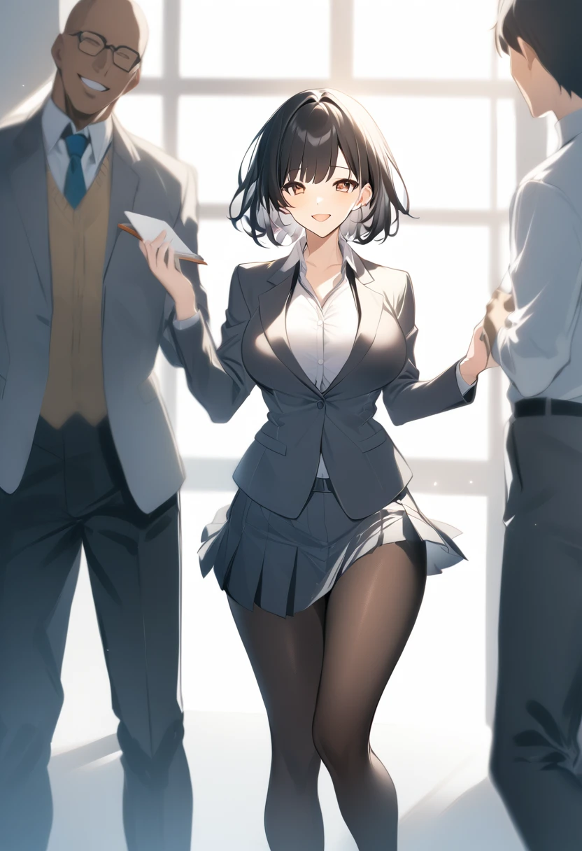 score_9,One girl,Large Breasts,teacher,smile,Black Hair,short hair,bangs,Off the shoulder_shirt,skirt_suit,pantyhose,