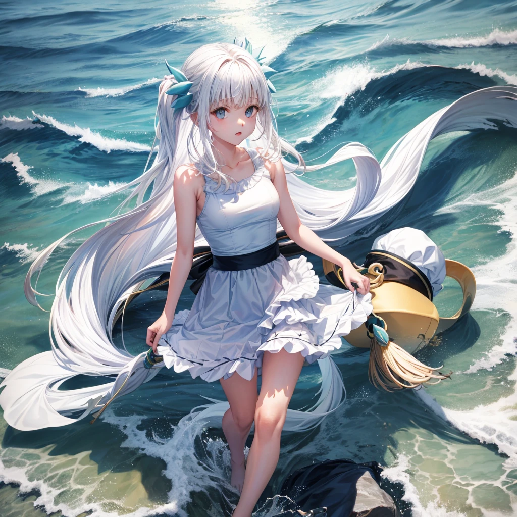 full-body portraits、sleeveless、White-colored skin,seaside，swimsuit，Double tail