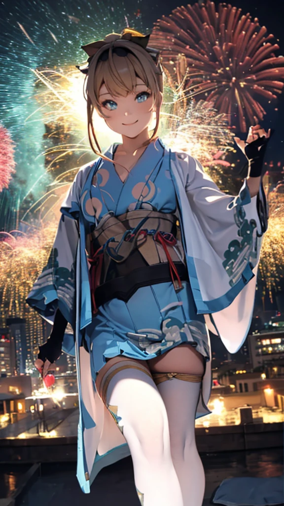 (masterpiece, Highest quality, Super detailed),One girl,((super fine illustration)),((cute eyes,highly detailed skin)),((smile)),(well endowed,Blessed,Captivating body、Detailed Background)、(yukata:1.5),firework,(大量のfirework,Night view,Ocean)、Festivals、1girl, kazama iroha, blonde hair, fingerless gloves, japanese clothes, white thighhighs, haori, black gloves, bangs, pleated skirt, ponytail, chest sarashi, blue eyes, black hairband, hair ornament, leaf hair ornament, long sleeves, covered navel, breasts