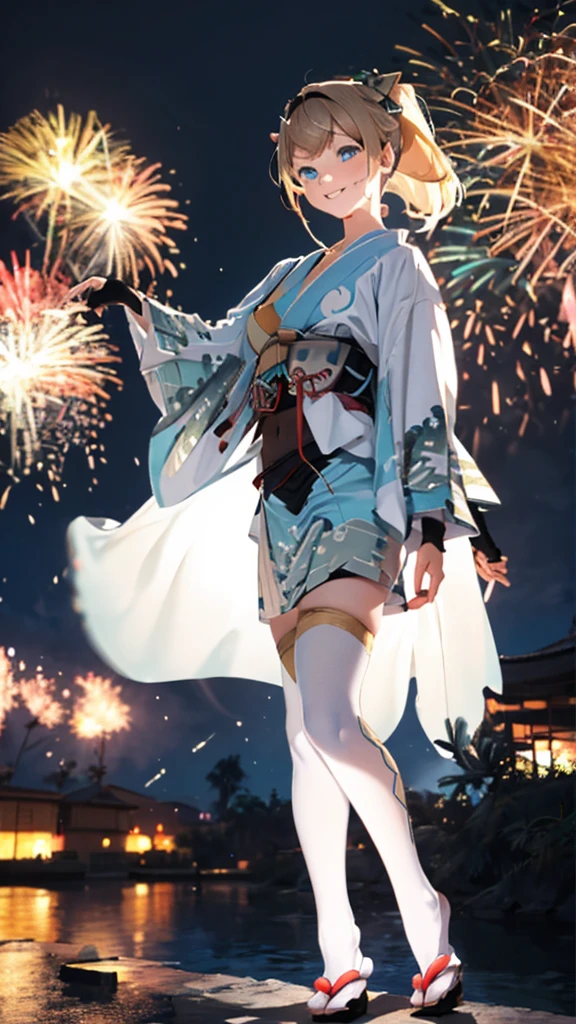 (masterpiece, Highest quality, Super detailed),One girl,((super fine illustration)),((cute eyes,highly detailed skin)),((smile)),(well endowed,Blessed,Captivating body、Detailed Background)、(yukata:1.5),firework,(大量のfirework,Night view,Ocean)、Festivals、1girl, kazama iroha, blonde hair, fingerless gloves, japanese clothes, white thighhighs, haori, black gloves, bangs, pleated skirt, ponytail, chest sarashi, blue eyes, black hairband, hair ornament, leaf hair ornament, long sleeves, covered navel, breasts