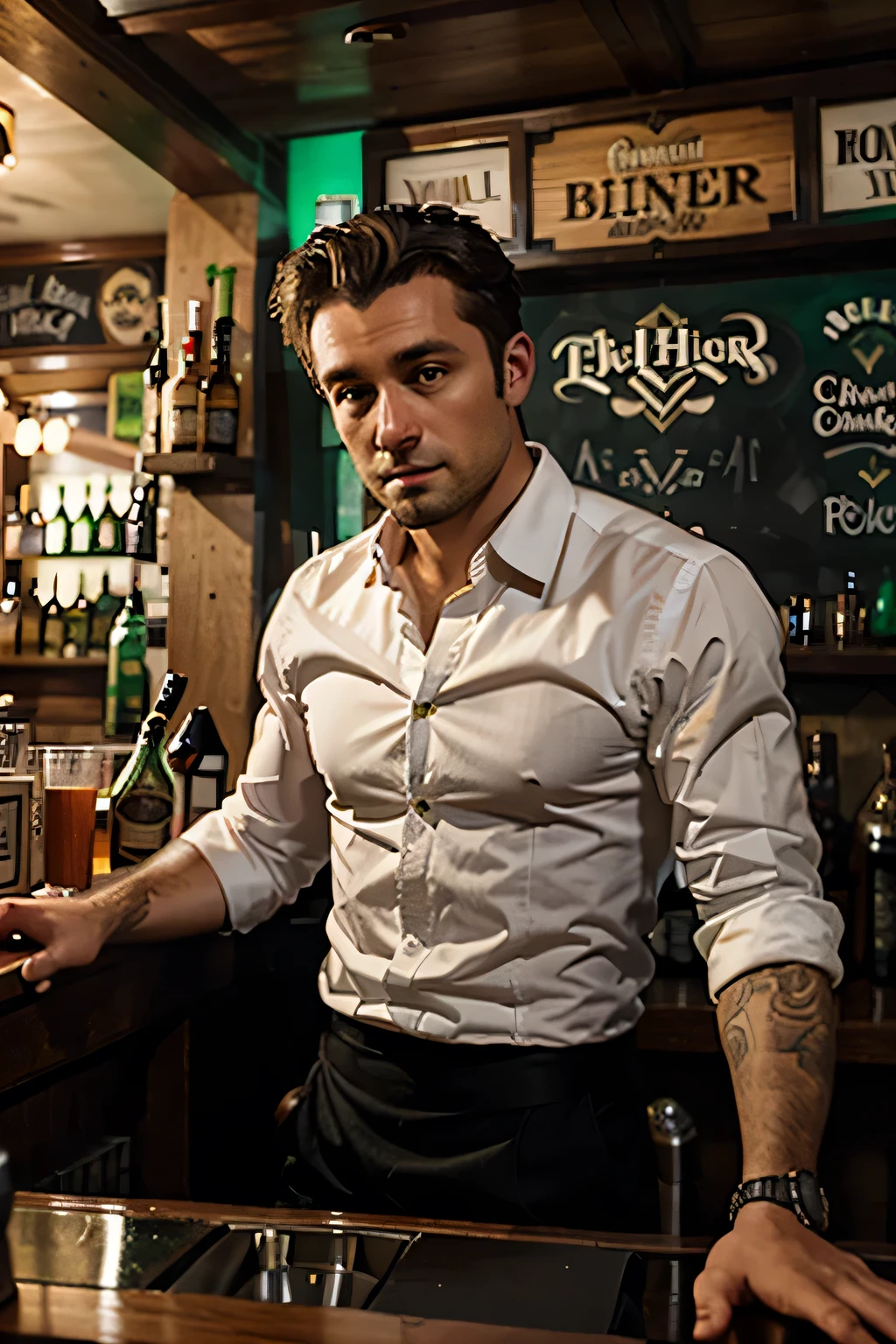 irish pub with handsome bartender standing behind the bar