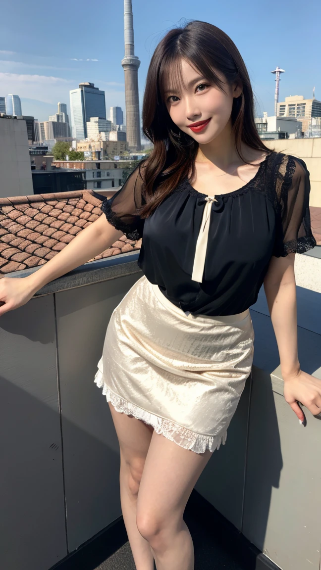 highest quality, masterpiece, 8K, ultra high resolution, (realistic: 1.4), 1 girl, beautiful face, symmetrical eyes, Japanese, smile, brown hair, perfect body proportions, full body, smile , large breasts, high heels, wearing makeup , pantyhose, (tight laced fabric blouse), ((white lace fabric blouse)), ((silk black color skirt)), ((tight fitting skirt )), (laced short sleeve) , rooftop, model pose , (legs shown: 1.4)