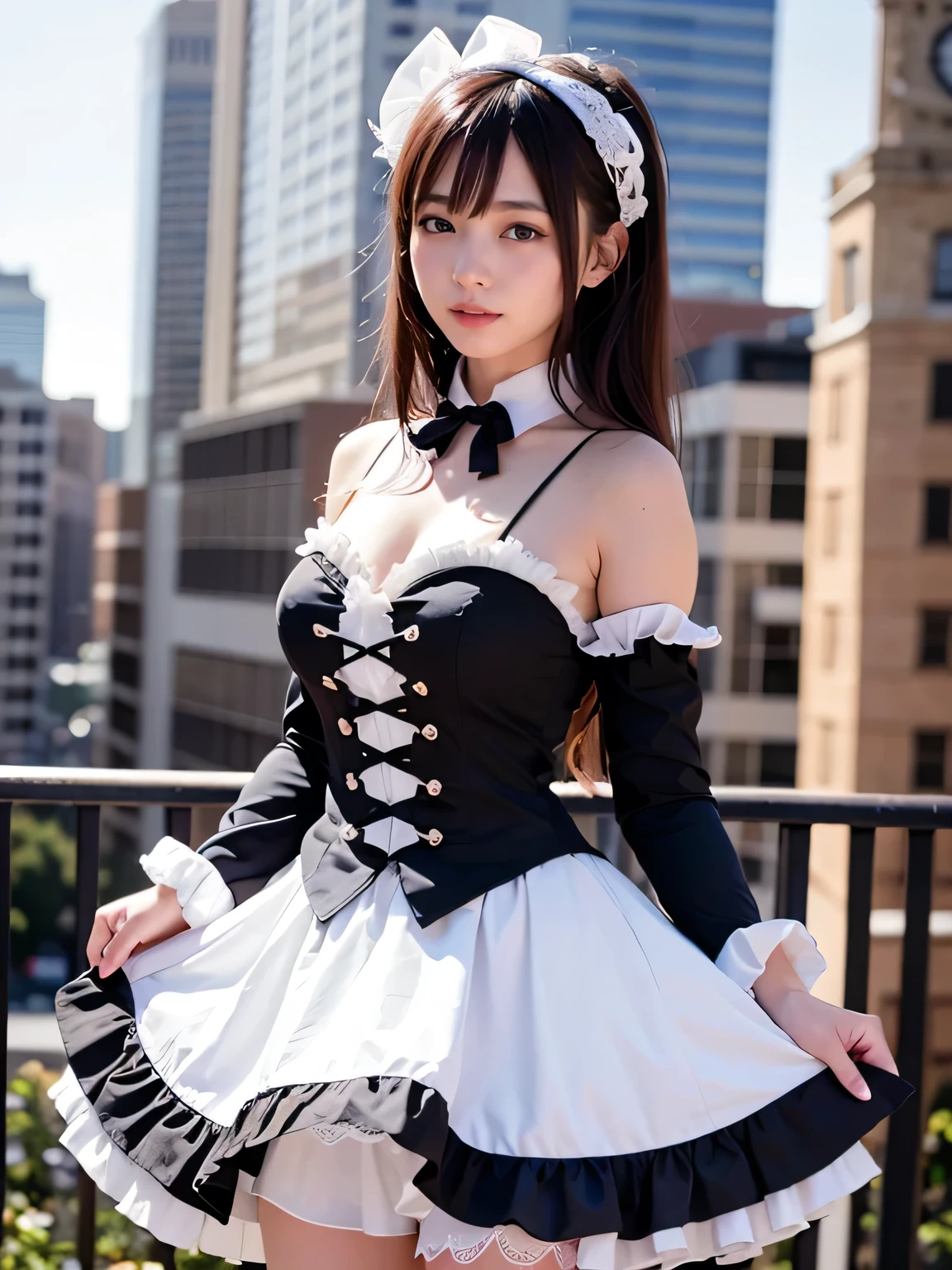 Full Body Shot、Thighs、(Realistic, photo-Realistic:1.37), Incredibly absurd, (Very detailed:1.3), 8K, (masterpiece), (Highest quality:1.4), (Ultra-high resolution:1.2), (RAW Photos:1.2), Very detailed background, (unity 8k wallpaper), 1 nogizaka girl, very cute, bishojo, years, (Cheshire Cosplay Costume), Exquisitely drawn beautiful faces, eyes and skin, Detailed black shiny hair, Elegant frills, Frilled tie, Ribbon tie, Rose Hair Accessories, Delicate lace dress, soft fabric, Beautiful rose pattern, Smiling for the camera, Cowboy Shot, Cityscape, Professional Lighting