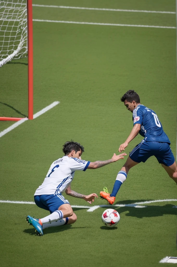 Stop motion with a macinha and a player kicking the ball into the goal