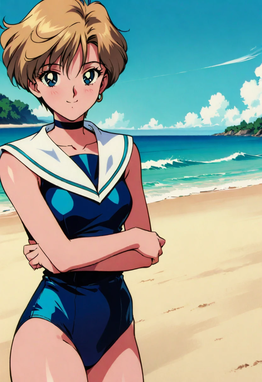 masterpiece,best quality,very aesthetic,absurdres,1990s \(style\),1girl,solo,Sailor Uranus XL,blue swimsuit,blue eyes,short hair,very short hair,1earrings,blonde hair, happy,sky,wind,cowboy shot, beach,