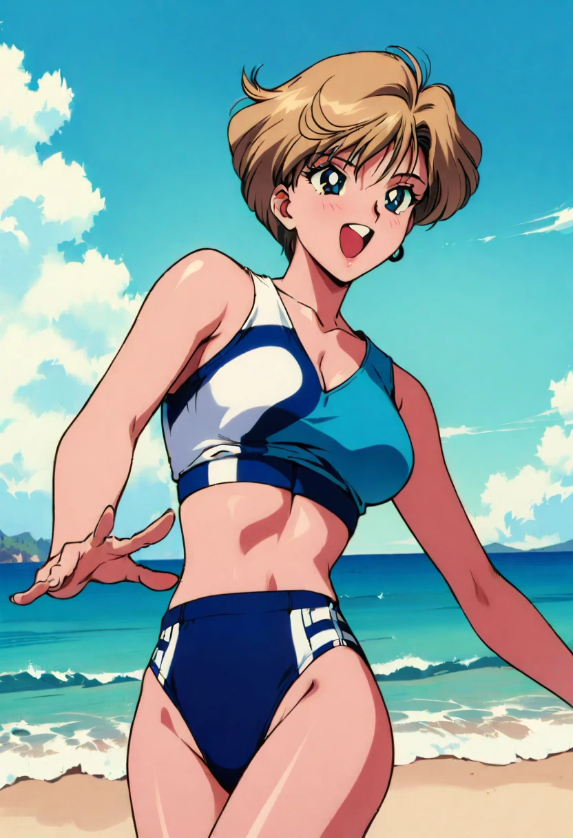 masterpiece,best quality,very aesthetic,absurdres,1990s \(style\),1girl,solo,Sailor Uranus XL,blue swimsuit,blue eyes,short hair,very short hair,1earrings,blonde hair, happy,sky,wind,cowboy shot, beach,