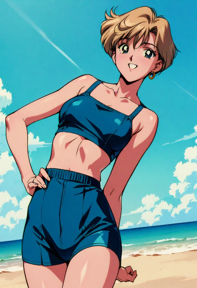 masterpiece,best quality,very aesthetic,absurdres,1990s \(style\),1girl,solo,Sailor Uranus XL,blue swimsuit,blue eyes,short hair,very short hair,1earrings,blonde hair, happy,sky,wind,cowboy shot, beach,