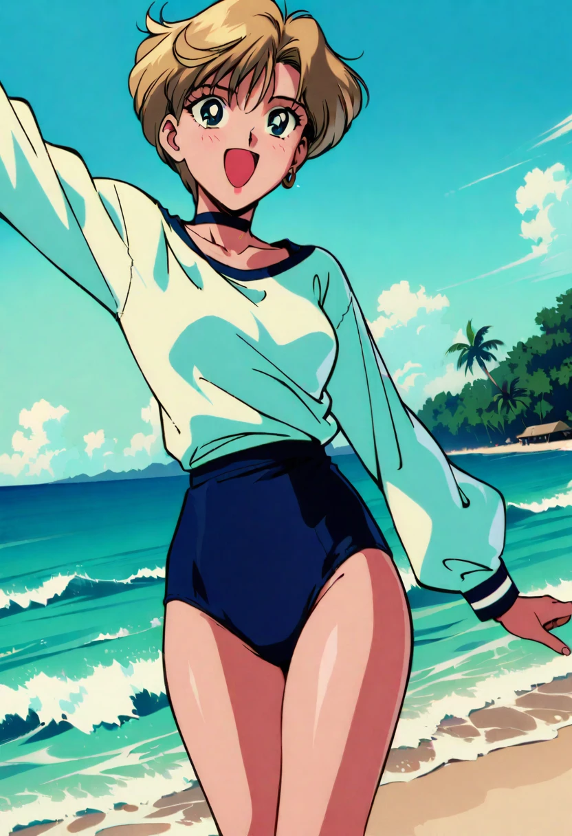 masterpiece,best quality,very aesthetic,absurdres,1990s \(style\),1girl,solo,Sailor Uranus XL,blue swimsuit,blue eyes,short hair,very short hair,1earrings,blonde hair, happy,sky,wind,cowboy shot, beach,