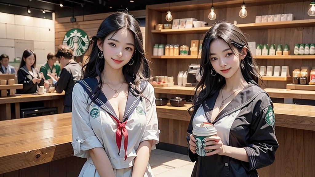 8K、RAW Photos、Highest quality、Super detailed、Super Resolution、Ultra HD、8K壁紙、Amazing details
(((Inside the Starbucks store、 high school girl in sailor suit)))、Eat cake、Drink coffee、smile、Heart Necklace((Emphasize cleavage))
(Full body photo)
