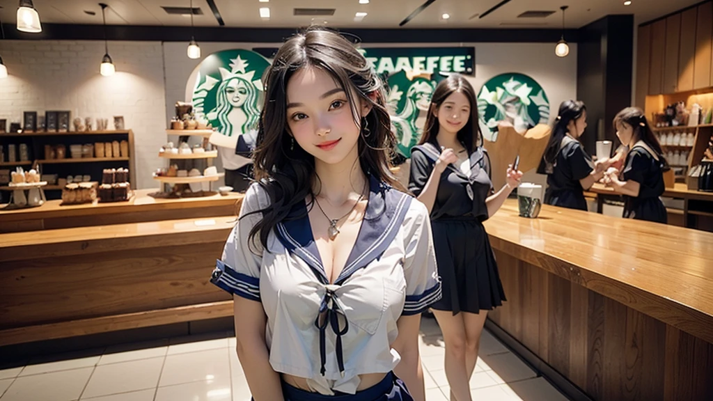 8K、RAW Photos、Highest quality、Super detailed、Super Resolution、Ultra HD、8K壁紙、Amazing details
(((Inside the Starbucks store、16 year old high school girl in sailor suit)))、Eat cake、Drink coffee、smile、Heart Necklace((Emphasize cleavage))
(Full body photo)