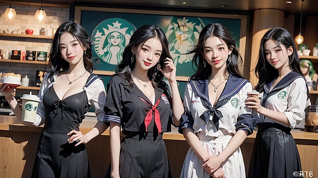 8K、RAW Photos、Highest quality、Super detailed、Super Resolution、Ultra HD、8K壁紙、Amazing details
(((Inside the Starbucks store、16 year old high school girl in sailor suit)))、Eat cake、Drink coffee、smile、Heart Necklace((Emphasize cleavage))
(Full body photo)