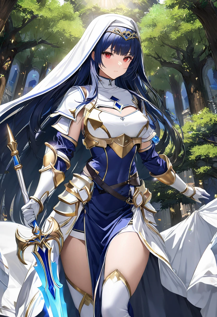 Highest quality、unity 8k wallpaper、32k、masterpiece、Very detailed、Ultra-high resolution、Very detailedな顔, RAW Photos, Professional, Ultra-fine painting、Midnight blue long straight hair、Platinum tiara with blue gemstones、Blue Nun Cape、Red Eyes、(Tree Eyes), Cool and sharp features, hime cut, 20~A female magical warrior, about 24 years old.、White and gold breastplate、Blue and white leotard、(((Blue and white gold-embellished long pencil skirt with side armor and long slits)))、Half puff sleeves with shoulder pads、A large white ribbon with a large sapphire on the chest、White and blue long gloves、(((White and blue thigh-high stiletto boots:1.0)))、whole body、He has a spear with a glowing blue blade,