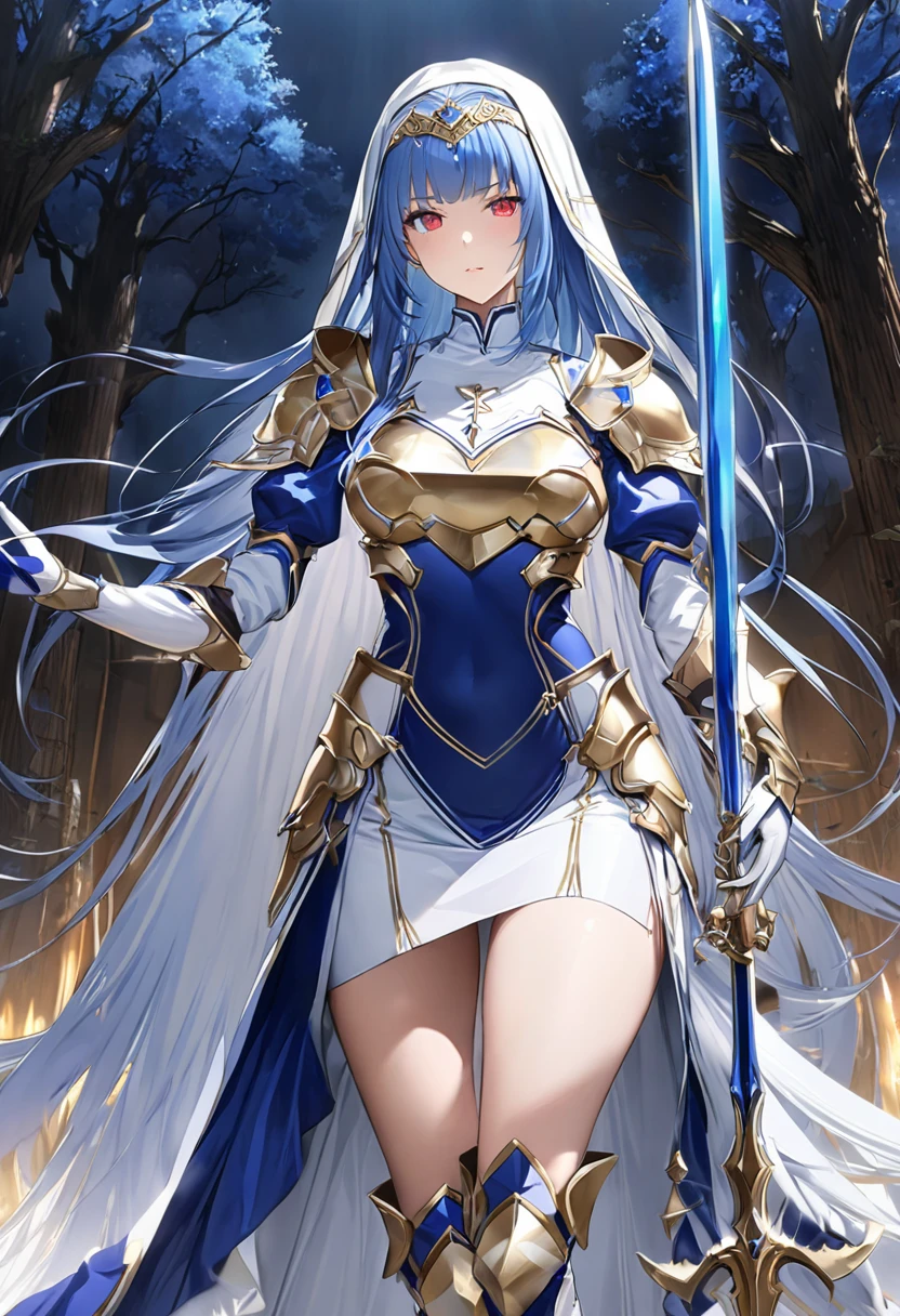 Highest quality、unity 8k wallpaper、32k、masterpiece、Very detailed、Ultra-high resolution、Very detailedな顔, RAW Photos, Professional, Ultra-fine painting、Midnight blue long straight hair、Platinum tiara with blue gemstones、Blue Nun Cape、Red Eyes、(Tree Eyes), Cool and sharp features, hime cut, 20~A female magical warrior, about 24 years old.、White and gold breastplate、Blue and white leotard、(((Blue and white gold-embellished long pencil skirt with side armor and long slits)))、Half puff sleeves with shoulder pads、A large white ribbon with a large sapphire on the chest、White and blue long gloves、(((White and blue thigh-high stiletto boots:1.0)))、whole body、He has a spear with a glowing blue blade,