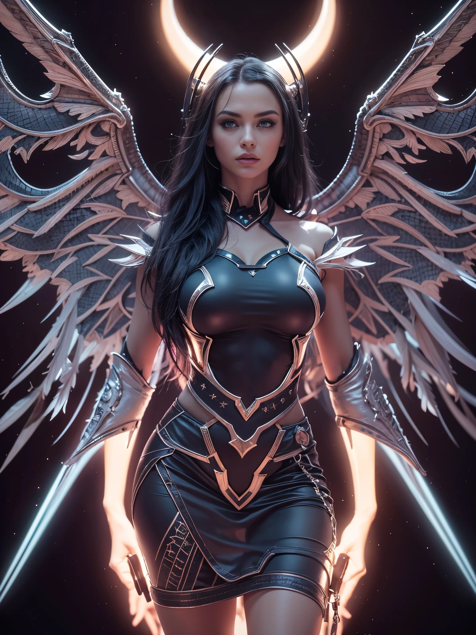 full body photo.attractive female goddess, clothes barely covering roundings.realistic,cinematic. 8 k .Let me see your thighs with your legs.A beautiful lady.like an devil,the wings of a bat grow.large breast.ram horns on head.her eyes that are piercing,photo realistic,cinematic lighting,hyperdetailed,glow effect,sharp focus, smooth, aesthetic, extremely detailed, octane render,solo, dark industrial background,rock clothes, cinematic light, intricate detail, highly detailed