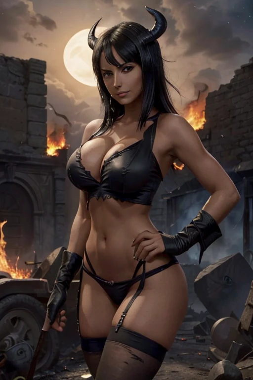 (masterpiece), best quality, expressive eyes, perfect face, front lighting, (outside village ruins on fire at night with moonlight background), (flying), (smirk), (cleavage view), (1girl, milf, nico robin, latina, dark skin, black makeup, black lips, short black hair with bangs, flat straight hairstyle, brown eyes, hourglass figure, skinny body, thin body, petite_body, large breasts, huge breasts, oppai, large cleavage, wide hips, thick thighs), (succubus, succubus outfit, torn clothes, ripped clothes, black torn v-neck tanktop, strapless, sleeveless, croptop, exposed cleavage, black thong, black stockings, black gloves, devil wings, devil horns, devil tail),