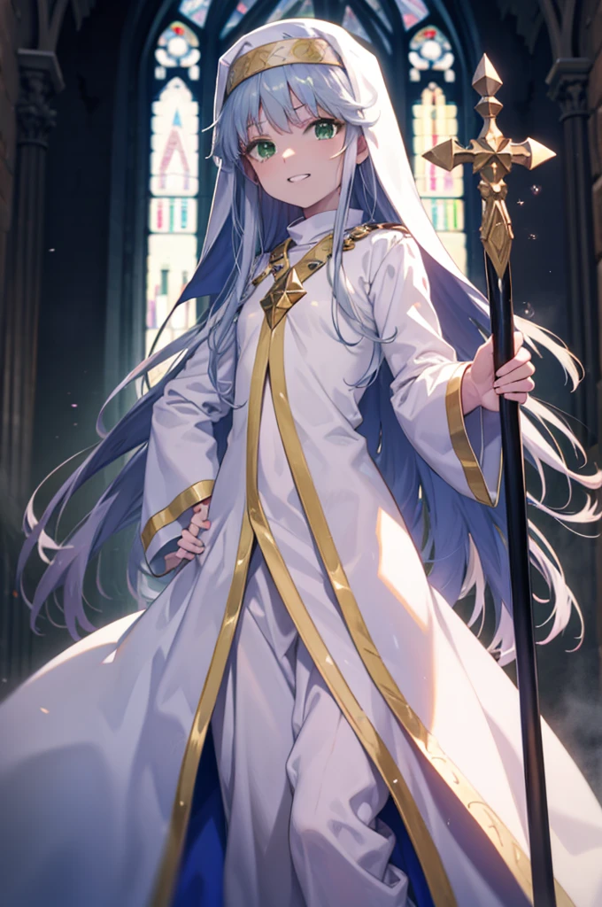 index, index, (Green Eyes:1.5), Silver Hair, Long Hair, (Flat Chest:1.2),Grin,
break habit, Long sleeve, Nuns, Robe, white Robe, Wide sleeves,Long skirt,boots,Put your right hand on your hip,In his left hand he holds a long sacred staff,whole bodyがイラストに入るように,
break looking at viewer, whole body,
break indoors, church,
break (masterpiece:1.2), Highest quality, High resolution, unity 8k wallpaper, (figure:0.8), (Beautiful attention to detail:1.6), Highly detailed face, Perfect lighting, Highly detailed CG, (Perfect hands, Perfect Anatomy),