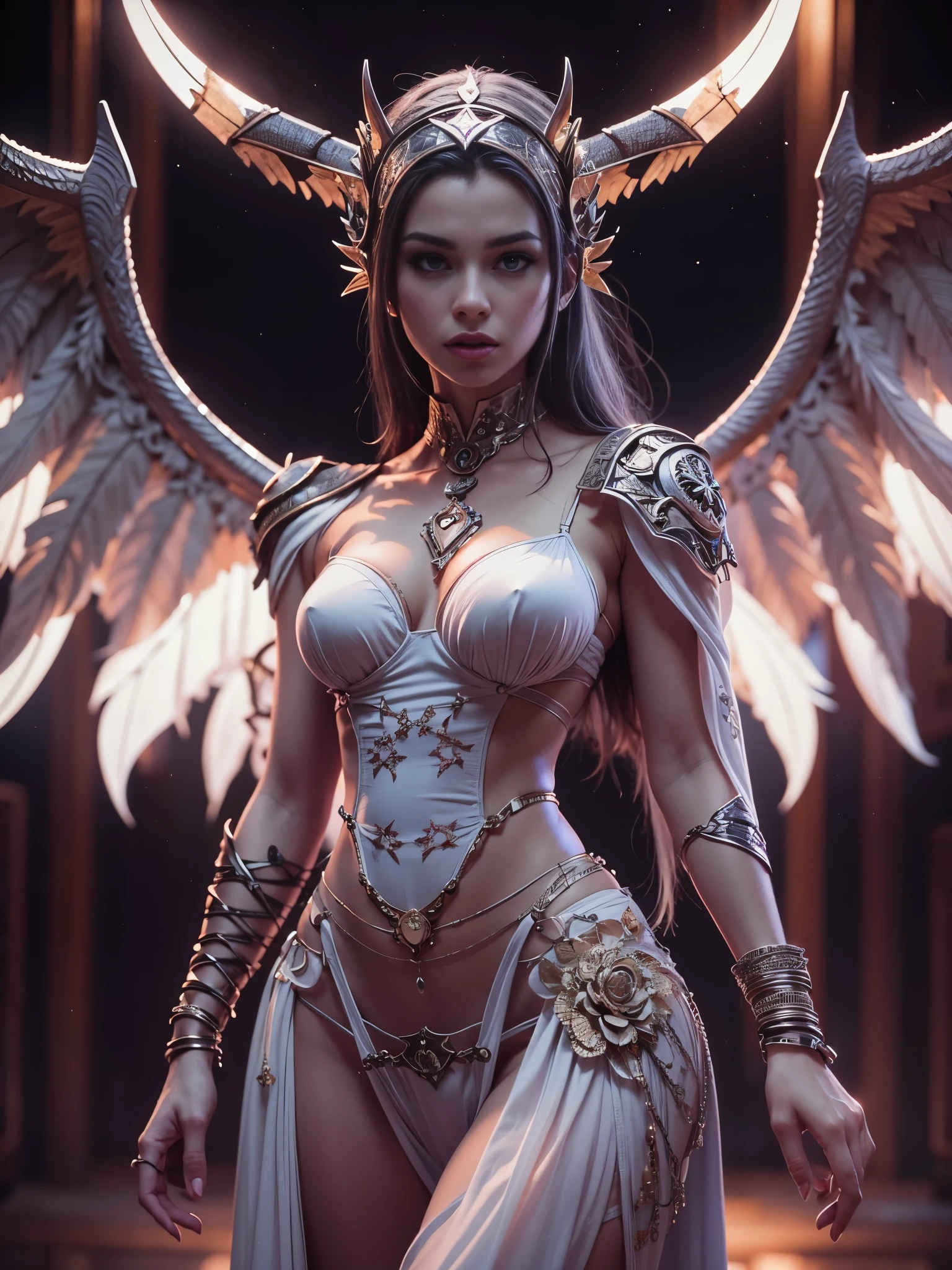 full body photo.attractive female goddess, clothes barely covering roundings.realistic,cinematic. 8 k .Let me see your thighs with your legs.A beautiful lady.like an devil,the wings of a bat grow.large breast.ram horns on head.her eyes that are piercing,photo realistic,cinematic lighting,hyperdetailed,glow effect,sharp focus, smooth, aesthetic, extremely detailed, octane render,solo, dark industrial background,rock clothes, cinematic light, intricate detail, highly detailed