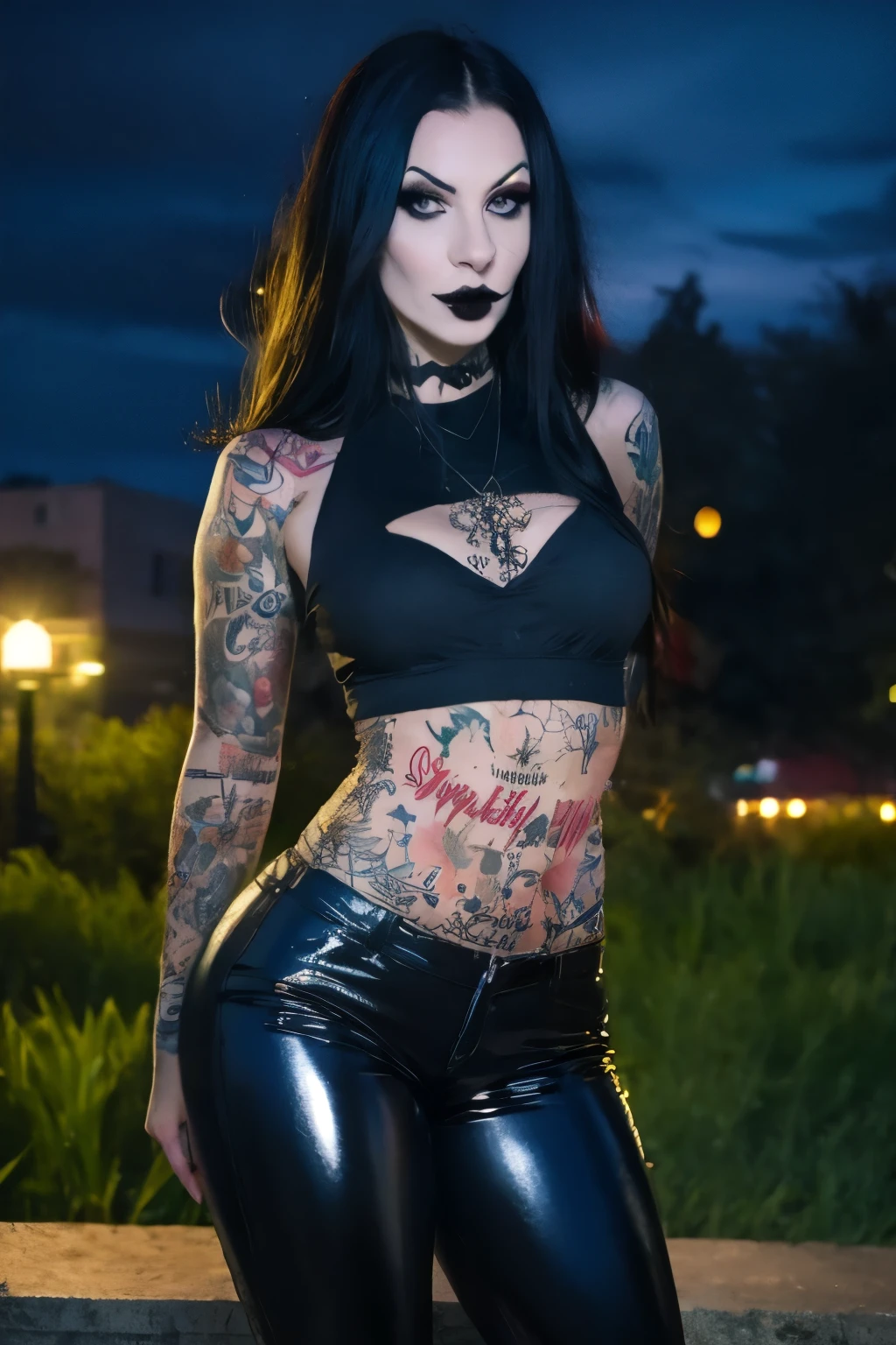 Best quality,work of art,Ultra high resolution,(Realisticity:1.4),original photo,cinematic lighting, 1 girl, (((Hot goth Girl))) Alone, gothic style, at night under the moonlight, wearing  black latex pants, black clothes, Gothic style, hot body fit, (((arm tattoo )), (( colorful tattoo)), heavy metal style, photography, heavy metal concert background.  realistic, datailed, detailed face, 4K. Night abandoned urban background.