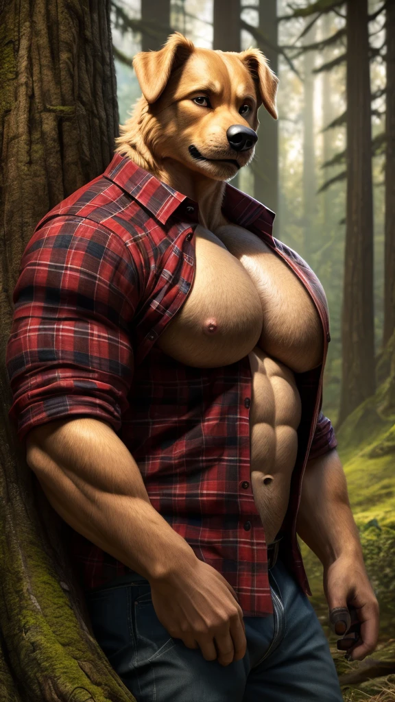 Dog, golden retriever, muscular, tall, huge, (((big pecs))), handsome, plaid shirt, unbutton shirt, lumberjack, forest, (((realistic, 8k, ultra details, masterpiece)))