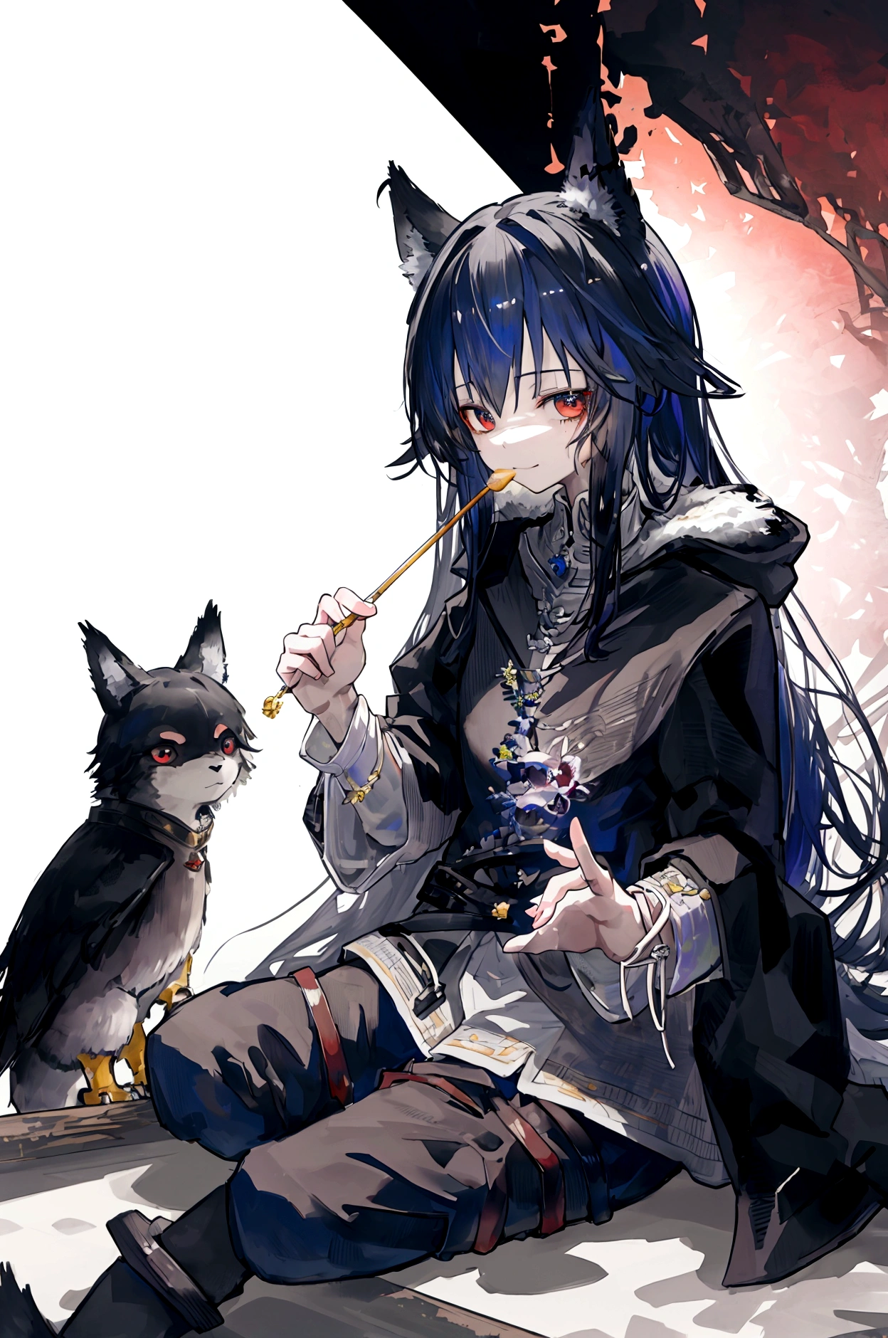 Sunraku\(Made in Abyss,male,beautiful,Furry,Have,Bird Head Hood,Black Hair,wide,Loose pants,smile\)Sitting and eating strange food,beautiful nature, You can see big animals, From a distance it looks strange and chaotic..,Anime Style,, break ,quality\(8K,wallpaper of extremely deコーラed CG unit, masterpiece,High resolution,top-quality,top-quality real texture skin,Surreal,Increase the resolution,RAW Photos,la mejor quality,highly ,wallpaper,Cinema Lighting,Ray-tracing,Golden Ratio\),The pain is near