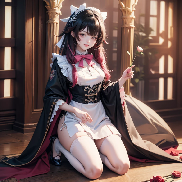 Columbina_(genshin impact), white roses, ornament hair, roses on her hair, maid, maid dress, maid headdress, maid apron, black hair, pink hair, long hair, Kneeling on the floor, chinese home style, Chinese maid dress, white dress, more details on her clothes, pink details, night, smiling, coat,