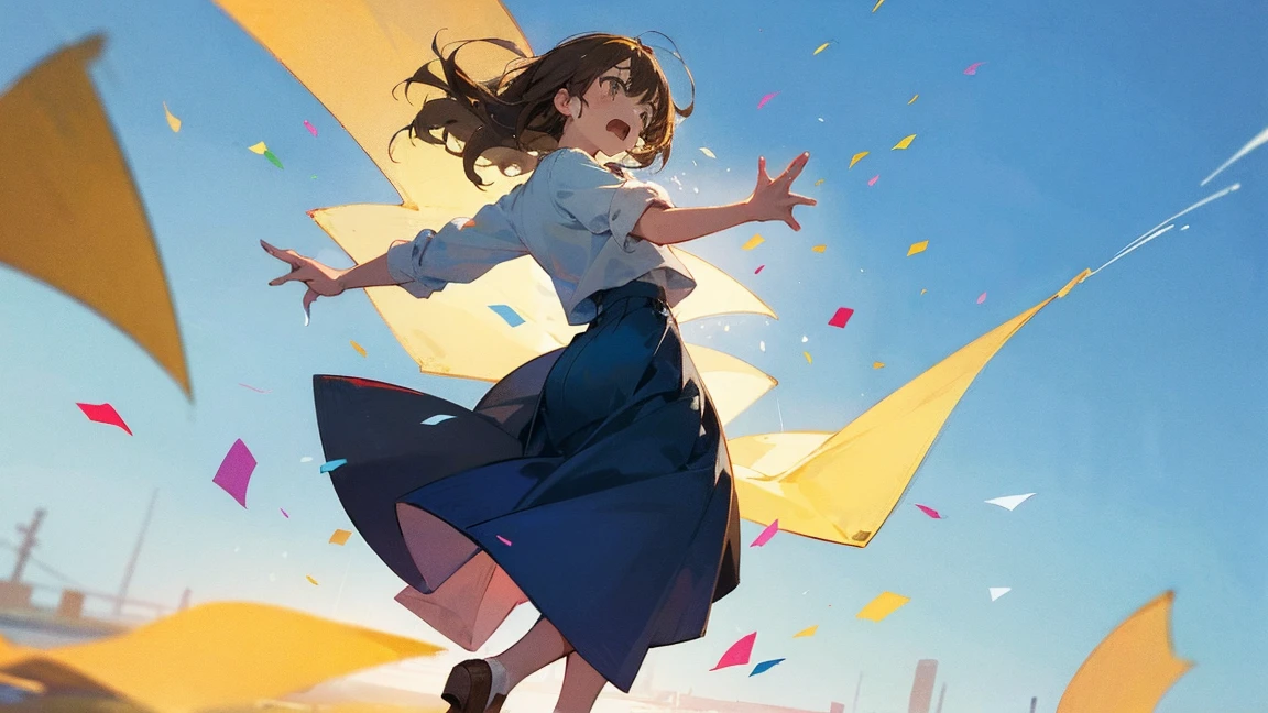 ((Highest quality)), ((masterpiece)), ((Very detailed)),Floatingする女の子,Angry expression,floating,Floating,Confetti,Brown Hair,tears,Levitating,Blue sky background,Feet in the air,tears,gravity,Long skirt,loafers,Raise both hands,beautiful fingers,beautiful hands,fingertip,nail,arms behind back
