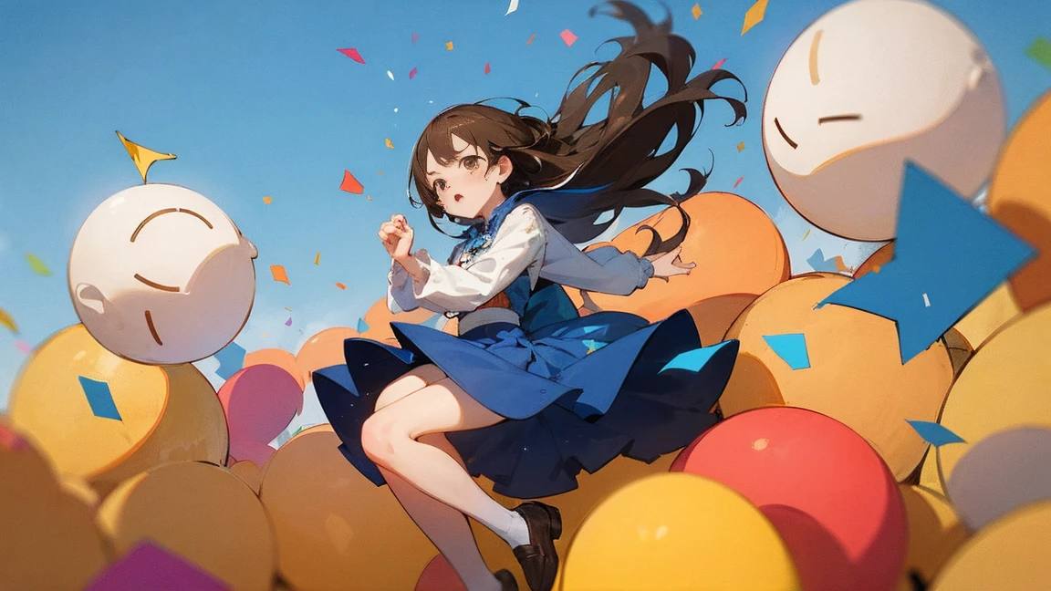 ((Highest quality)), ((masterpiece)), ((Very detailed)),Floatingする女の子,Angry expression,floating,Floating,Confetti,Brown Hair,tears,Levitating,Blue sky background,Feet in the air,tears,gravity,Long skirt,loafers,Raise both hands,beautiful fingers,beautiful hands,fingertip,nail,arms behind back