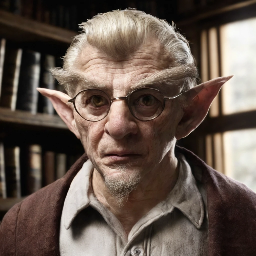(masterpiece)+, (extremely (realistic)+,a portrait of an ugly mature male gnome librarian, wearing glasses, sand blond hair, child-like facial features, long brush linke brows, goat beard, pointy ears, small chin, big eyes, annoyed stare. Looking in camera. volumetrics dtx, Photorealistic, ultra detailed, Artstation trending, very very detailed, realistic shaded lighting, dynamic shadows, detailed Fantasy small town library background, upper body, professional photograph of a detailed skin, sharp focus, dramatic, award winning, cinematic lighting, octane render, unreal engine, volumetrics dtx, Photorealistic, ultra detailed, Artstation trending, very very detailed, hyperrealistic, fine details, realistic shaded lighting, dynamic shadows, Fantasy small town library background, add_detail:1, skin pores and wrinkles, details.,More Reasonable Details