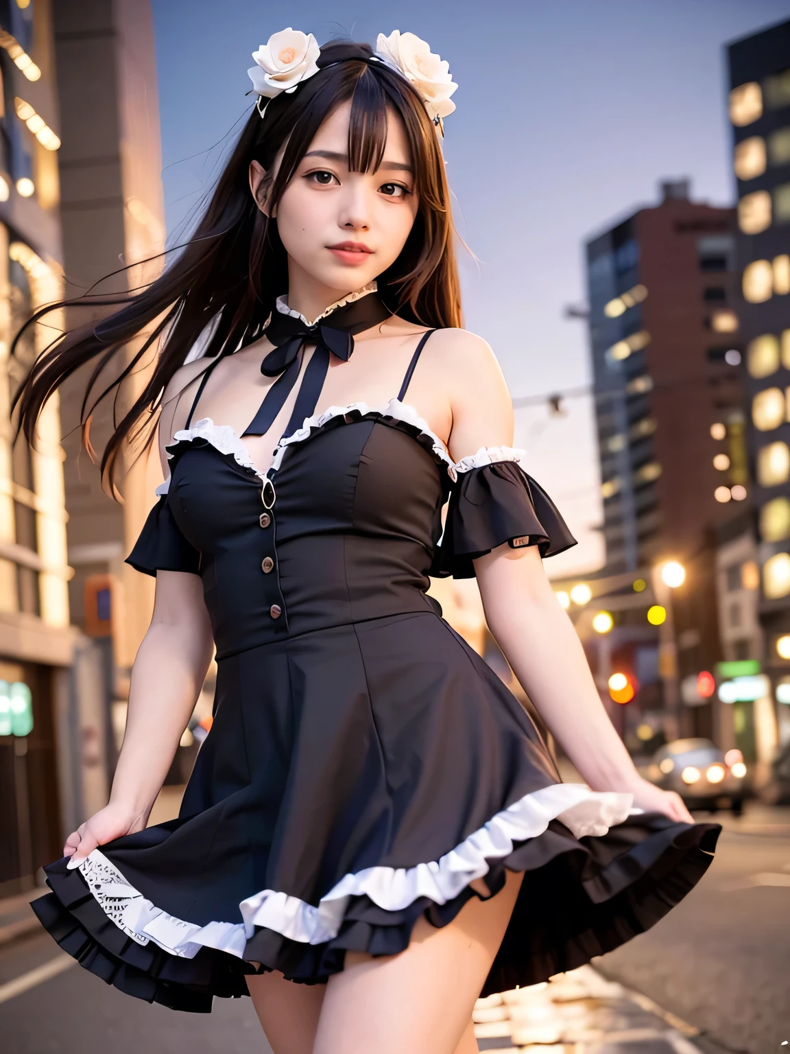 Full Body Shot、Thighs、(Realistic, photo-Realistic:1.37), Incredibly absurd, (Very detailed:1.3), 8K, (masterpiece), (Highest quality:1.4), (Ultra-high resolution:1.2), (RAW Photos:1.2), Very detailed background, (unity 8k wallpaper), 1 nogizaka girl, very cute, bishojo, 15 years, (Cheshire Cosplay Costume), Exquisitely drawn beautiful faces, eyes and skin, Detailed black shiny hair, Elegant frills, Frilled tie, Ribbon tie, Rose Hair Accessories, Delicate lace dress, soft fabric, Beautiful rose pattern, Smiling for the camera, Cowboy Shot, Cityscape, Professional Lighting