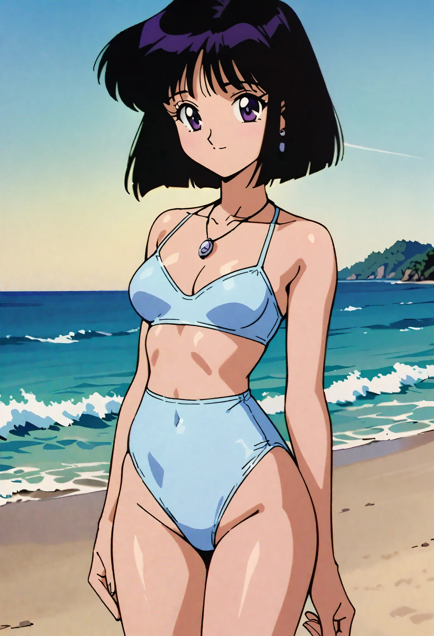 masterpiece,best quality,very aesthetic,absurdres,Sailor Saturn XL,1990s \(style\),1girl,solo,short hair,black hair,purple eyes,swimsuit, on beach,stud earrings,necklace,light smile,cowboy shot,