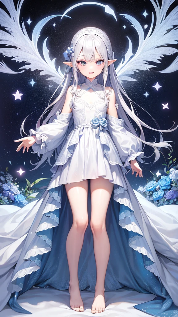 
((Highest quality)), ((masterpiece)), (detailed), One girl, Streaming portrait、Silver hair straight long hair、Half Up、Parallel thin eyebrows、Double droopy eyes、Thin lips、Small nose、Blue Eyes、Long eyelashes、Delicate appearance、Illustration seen from the front、A big smile with an open mouth、White dress、Fantastic illustrations、Highlights are 7 colors、The light is on my face、Illustration of eyes matching the viewer、Elf、whole body、Down to the toes、No background、Standing with your legs apart、