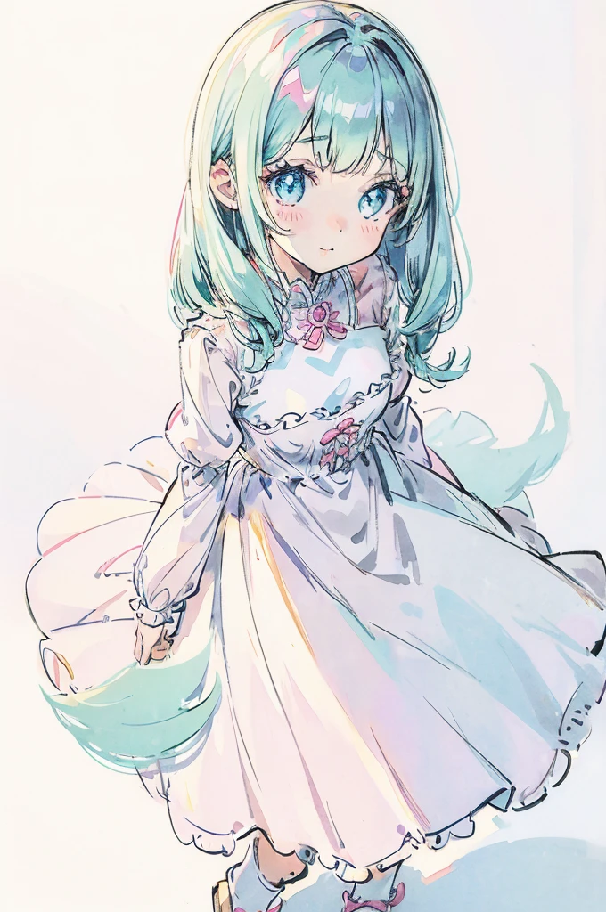 1girl, cute young woman, full body portrait, standing pose, pastel dress, white background, soft lighting, high detail, anime style, vibrant colors, kawaii, big eyes, cheerful expression