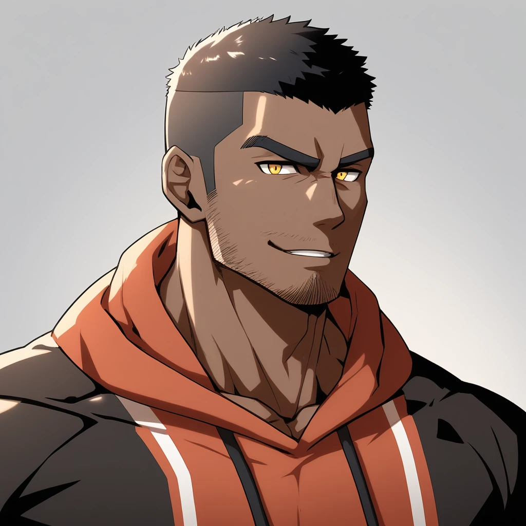 anime characters:Gyee, Young Muscle Sports Teacher, negro black skin, Buzz Cut, Manliness, male focus, Dark red long-sleeved hooded sweatshirt, Very tight, muscular male, muscular, only, Upper body, alone, Black short hair, Thick eyebrows, stubble, Yellow eyes, Grey background, simple background, amazing quality, best aesthetics, Ridiculous, bright pupils, crew cut, parted lips, seductive smile, torogao, naughty face, best quality