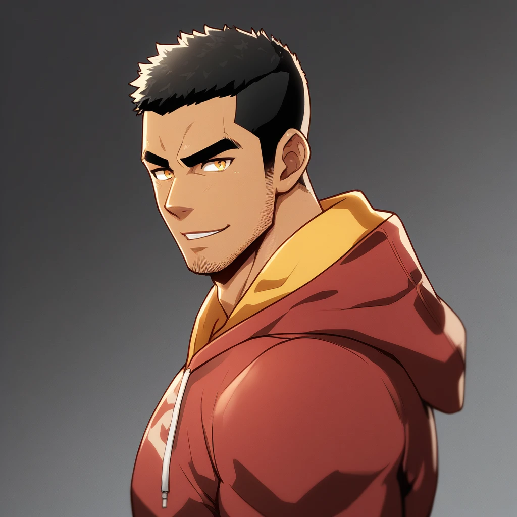 anime characters:Gyee, Young Muscle Sports Teacher, negro black skin, Buzz Cut, Manliness, male focus, Dark red long-sleeved hooded sweatshirt, Very tight, muscular male, muscular, only, Upper body, alone, Black short hair, Thick eyebrows, stubble, Yellow eyes, Grey background, simple background, amazing quality, best aesthetics, Ridiculous, bright pupils, crew cut, parted lips, seductive smile, torogao, naughty face, best quality