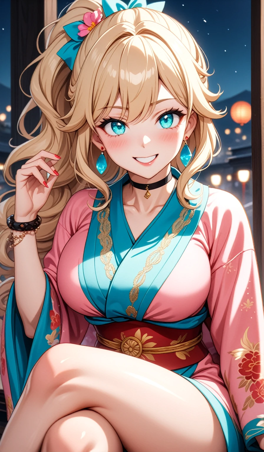 ((One personの女性)), Beautiful Face,(Laughing embarrassedly), (naughty face:1.2), (Wink:1.9), Laughing with your mouth open, upper teeth, ((Bright red cheeks:1.4)),Glossy pink lips, ((crossed legs:1.4)), (panty shot), Touching hair with hands,looking at viewer,Shining Face, rooftop, Festival decorations, firework, ((Anime style background)),masterpiece, Highest quality, so beautiful,up to date, Complex details, (Pink long nails),(ring),(bracelet),(choker),AI-generated, Complex,High resolution, Highest quality, super high quality,3D Images、3D Images,One person,Long blonde hair,ponytail, wavy hair ,Anime woman posing for a photo, ((Fine grain、Turquoise Eyes、Shining Eyes:1.3)), (Squint your eyes:1.1),a hyperRealistic , hyperRealistic , Realistic,Anime woman with long white hair, Smooth anime CG art, A woman in a colorful kimono with gold embroidery, (Pink long sleeve kimono),Red floral pattern,Long flower hair ornament,Earrings,Mature Body,(Big Breasts:1.1),Tall,Abdominal muscles,Tight waist,(Zoom up to face:1.2), (front side),
