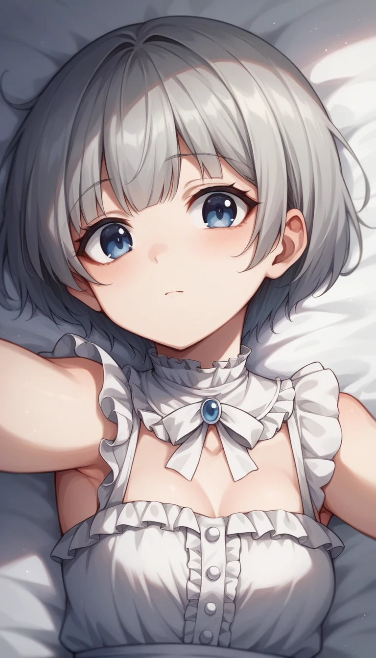 ((high quality,最high quality,8K,Best image quality,))Girl 1,cute,(Gray Hair:1.2),,cute,(Short Bob:1.2),Less exposure,Upper body only、(Dark blue eyes:1.1)、(White frills:1.1),(White frillsドレス:1.3)、White gothic clothing,Selfie,Strong winds、Bedroom、Late Night、Lie down on the bed