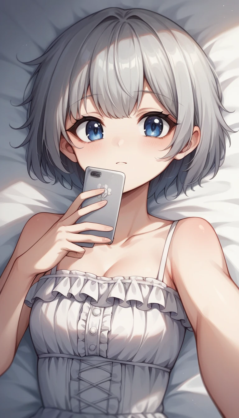 NSFW, White Hair, Blue Eyes, Medium Straight Hair, Medium Bust, Adult Woman, Solo, Changing Clothes, Selfie, Full Body, Blushing, Shy, Sexy Nightgown, Bed