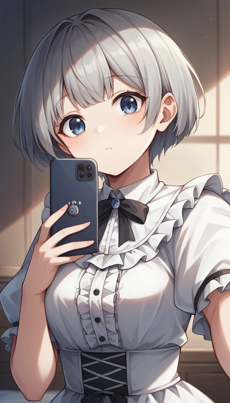 ((high quality,最high quality,8K,Best image quality,))Girl 1,cute,(Gray Hair:1.2),,cute,(Short Bob:1.2),Less exposure,Upper body only、(Dark blue eyes:1.1)、(White frills:1.1),(White frillsドレス:1.3)、White gothic clothing,Selfie,Strong winds、Bedroom、Late Night、Lie down on the bed