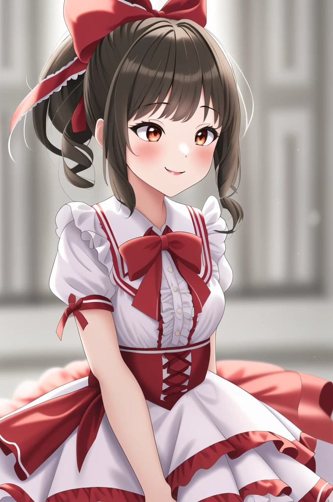 (masterpiece, best quality, highres, absurdres),frills,1girl,dress,red ribbon,smile,puffy short sleeves,hair ribbon,frilled bow,hair bow,blurry background,frilled dress,blurry,ribbon,short sleeves,frilled ribbon,front ponytail