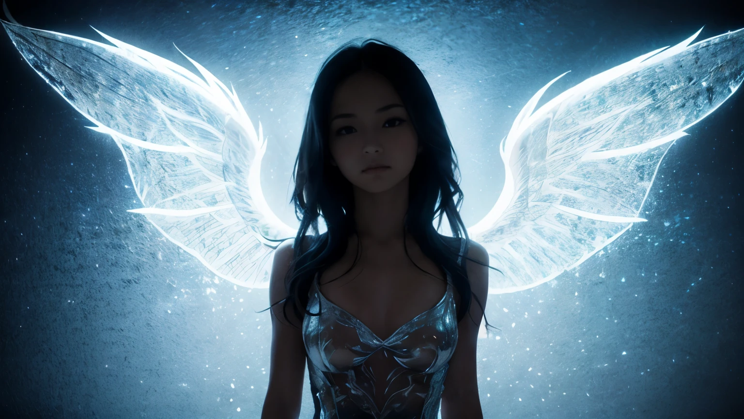 I would like to generate an image of a girl with calm hair color and large wings on her back.. The image must be in monochrome style, showcasing intricate details and sharp focus. A girl should have a beautiful and calm expression., Exudes angelic grace. Please make sure the generated image follows these instructions:
- Alone、18-year-old、Small breasts、(looking at the camera)、Sad look、Bust Shot - Girls should have unique and subdued hair colors.
- 背中から大きな翼が突き出ている
- The image must be in monochrome style, Focus on sharp details.
- The girl's expression must be beautiful and calm..
- The overall composition should convey angelic elegance.
- Gothic background