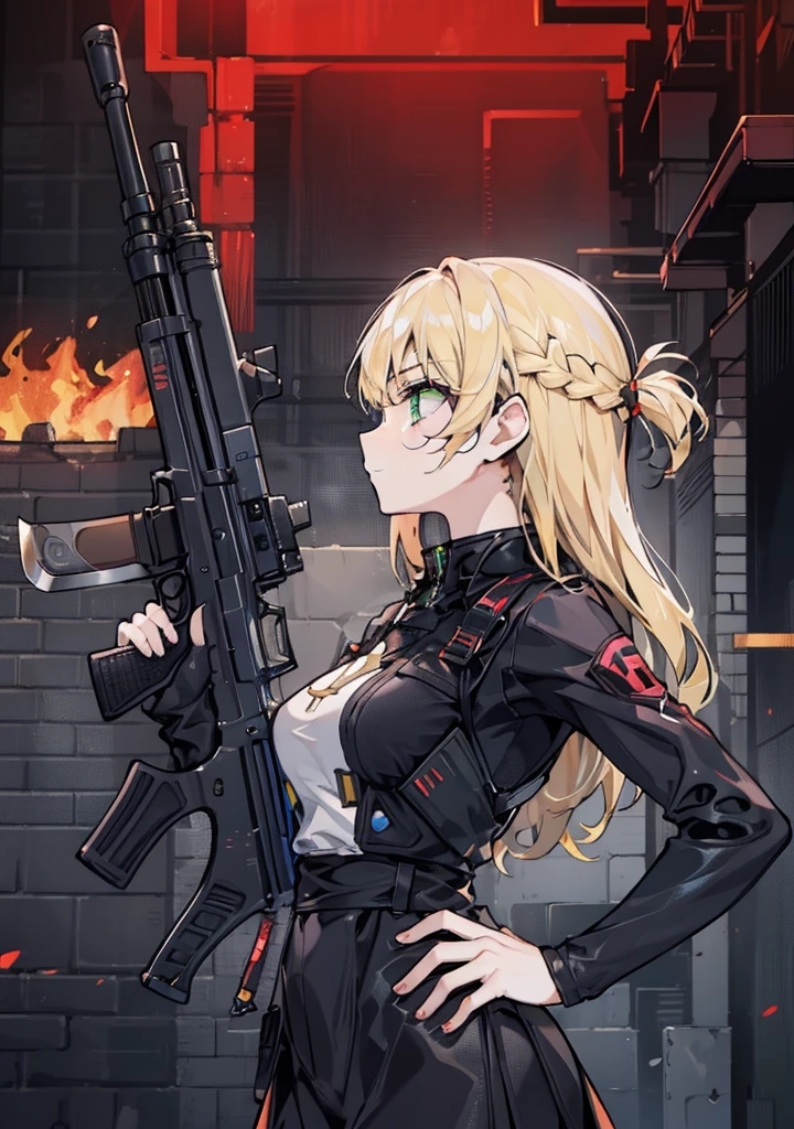 1 Girl, alone, {{masterpiece, Highest quality, Highly detailed CG, unity 8k wallpaper, cinematic ligHting, Lens flare}}, a girl sHooting a rifle, A broad perspective, whole body, tHick body, long blond Hair, Green Eyes, (Holding weapon, Holding rifle, Targeting, Target, fire, Firing:1.4), gun, H&k hk416, carbine, (Side view:1.4)