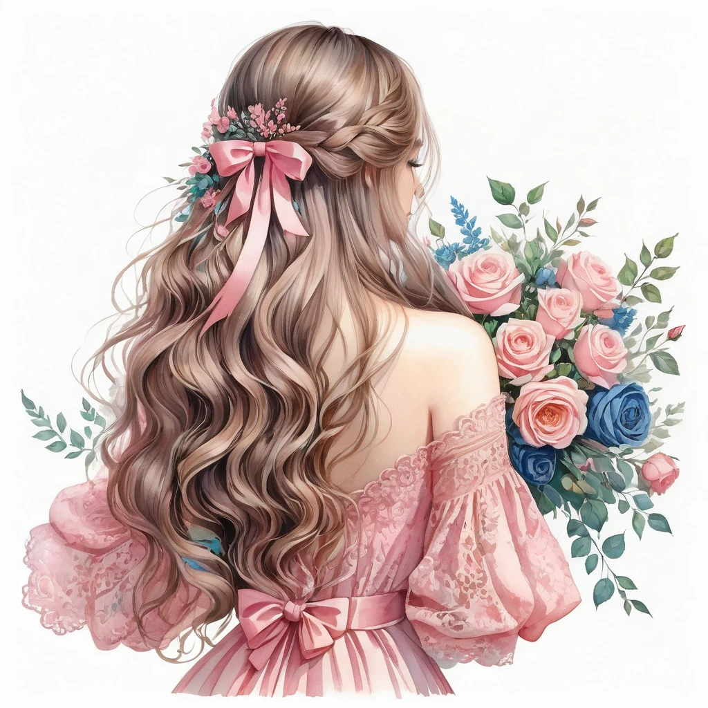anime girl, watercolor painting. a detailed watercolor illustration that captures the back of a woman, her long straight black braided hair cascading down her back, adorned with a black bow and a bouquet of flowers in her right hand. She is dressed in a black dress with wide shoulders, decorated with lace details on the neckline and sleeves. her left hand rests on a white surface, while her right hand holds a bouquet of pink roses, green leaves and blue flowers. the background is completely white, providing a strong contrast with the vibrant colors of the woman, by Marie Angel by Marie Angel, painting of beautiful, girl with long hair, beautiful drawing style, dressed in a pink dress, realistic cute girl painting, ribbons and flowers, a beautiful artwork illustration, in the art style of bowater, a beautiful painting, pastel style painting