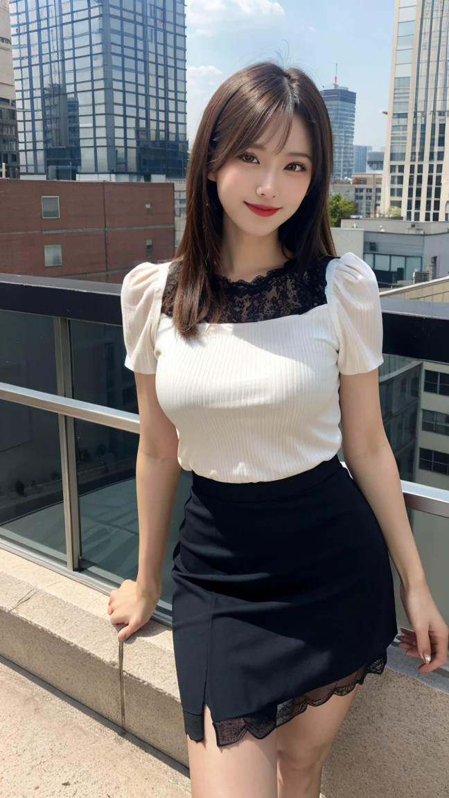 highest quality, masterpiece, 8K, ultra high resolution, (realistic: 1.4), 1 girl, beautiful face, symmetrical eyes, Japanese, smile, brown hair, perfect body proportions, full body, smile , large breasts, high heels, wearing makeup , pantyhose, (tight laced fabric blouse), ((white lace fabric blouse)), ((silk black color skirt)), ((tight fitting skirt )), (laced short sleeve) , rooftop terrace, model pose , (legs shown: 1.4)