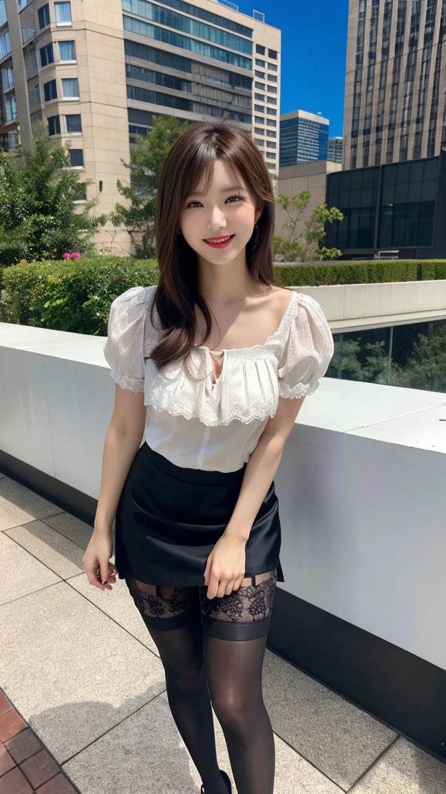 highest quality, masterpiece, 8K, ultra high resolution, (realistic: 1.4), 1 girl, beautiful face, symmetrical eyes, Japanese, smile, brown hair, perfect body proportions, full body, smile , large breasts, high heels, wearing makeup , pantyhose, (tight laced fabric blouse), ((white lace fabric blouse)), ((silk black color skirt)), ((tight fitting skirt )), (laced short sleeve) , rooftop terrace, model pose , (legs shown: 1.4)