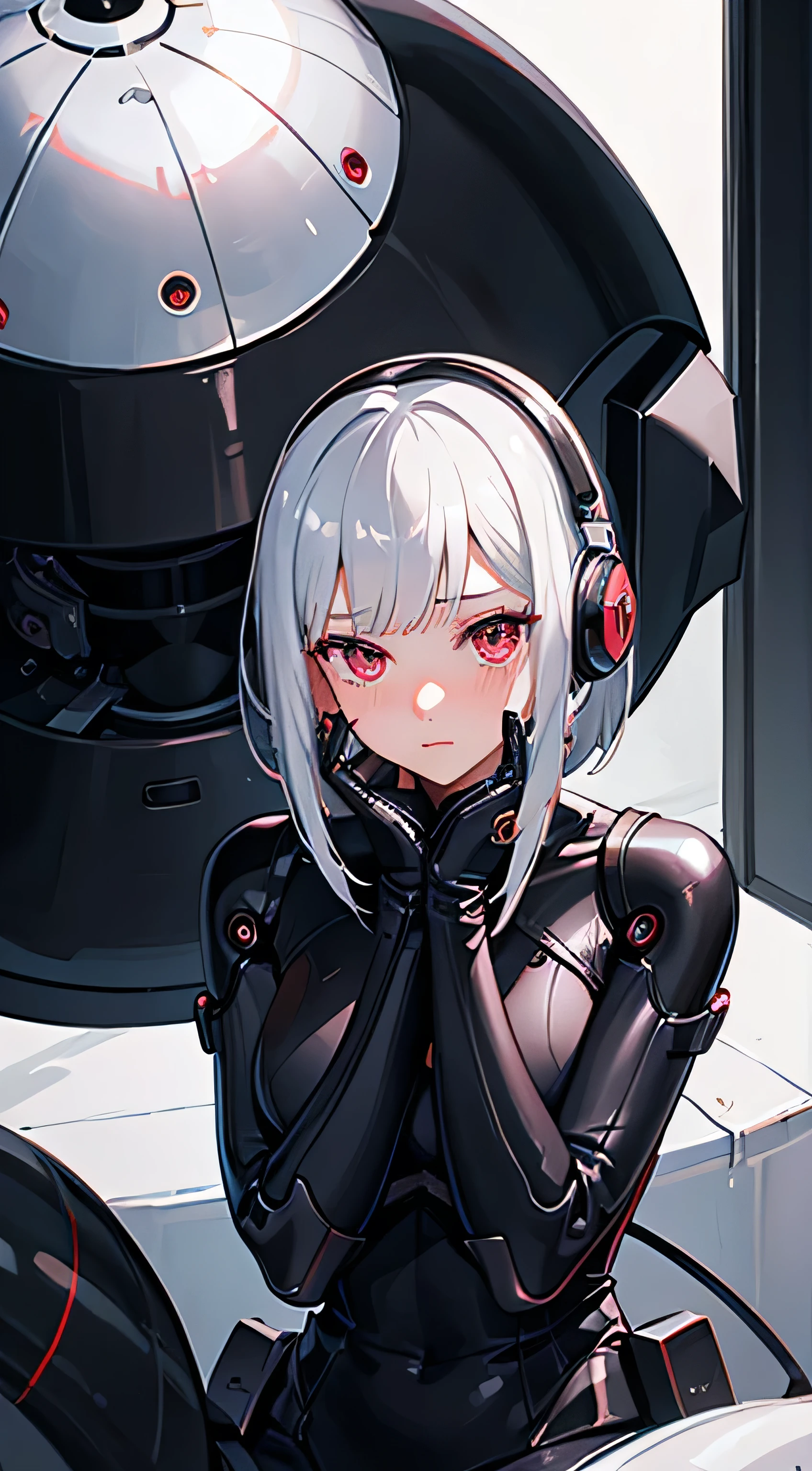 1 girl close up, android, Gynoid, Mechanical girl, furry headphones, spherical joint, silver hair, Red eyes, bob haircut, Hair, Sitting, hands on face, embarrassed, blush, conceptual art, beautiful anime scene, beautiful anime scenery, best rating on pixiv, Best quality, 4K