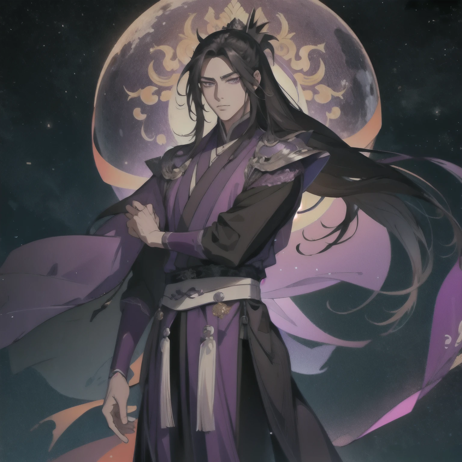(masterpiece, best quality:1.2), 1male, solo, jiang cheng, mo dao zu shi, mdzs, purple and black clothes, purple eyes, long black hair, perfect anatomy, full body
