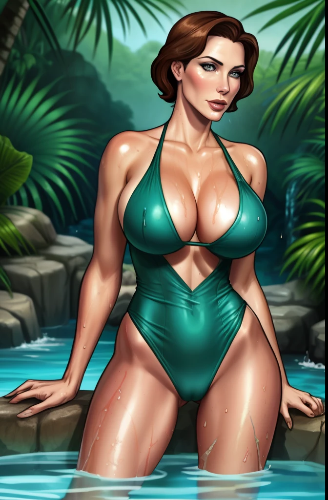 Cate Archer, wet and wild, jungle pool, swimsuit