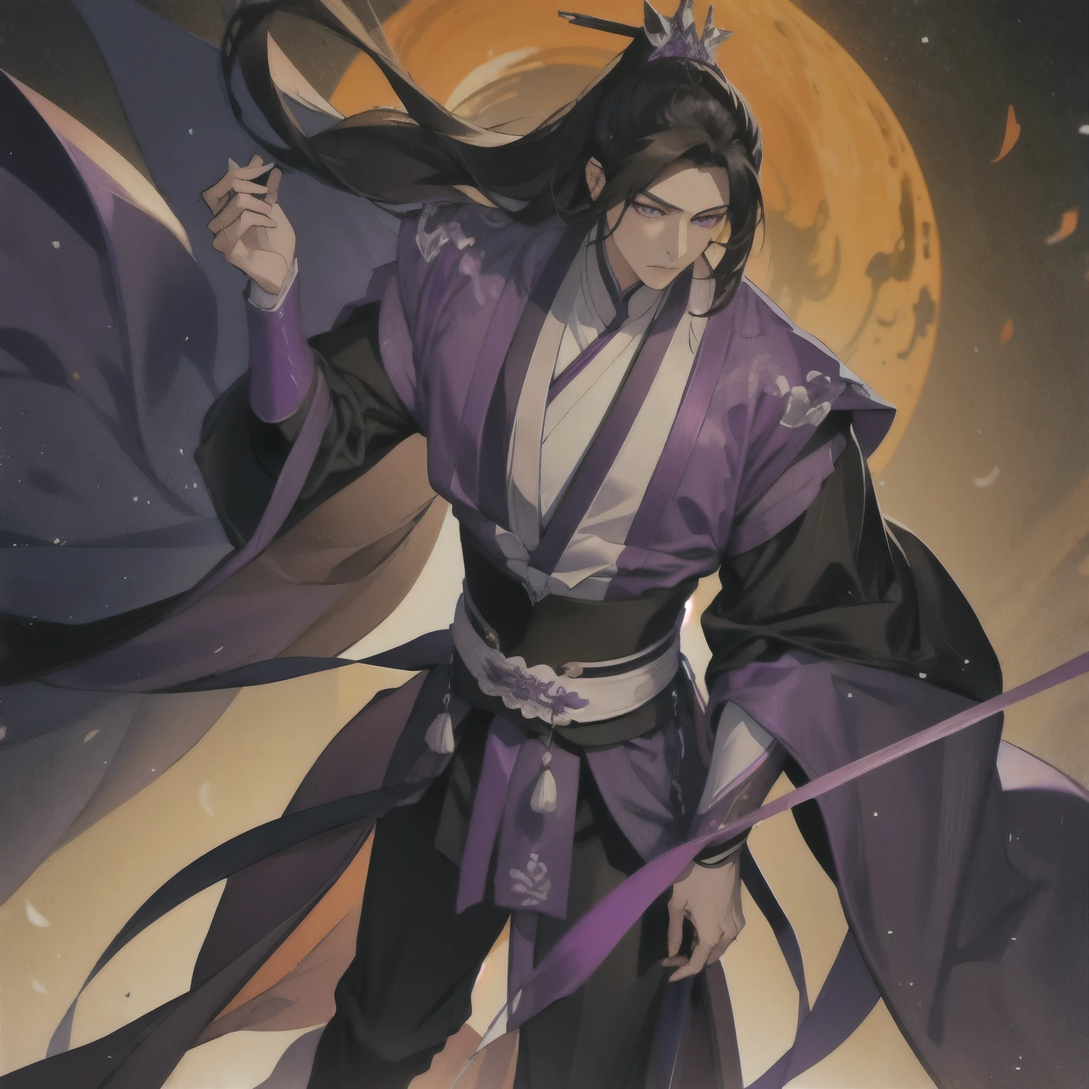 (masterpiece, best quality:1.2), 1male, solo, jiang cheng, mo dao zu shi, mdzs, purple and black clothes, purple eyes, long black hair, perfect anatomy, full body