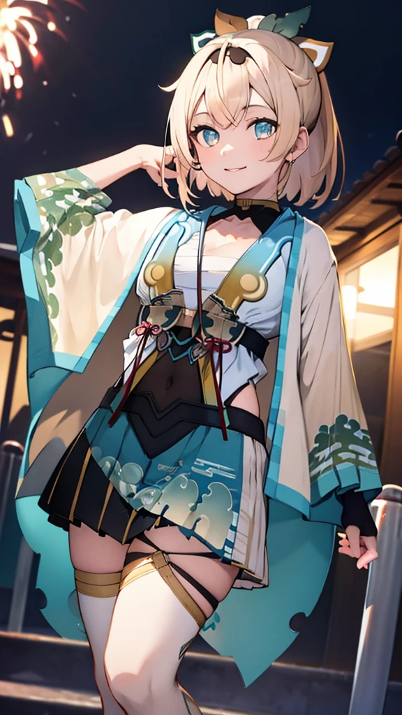 (masterpiece, Highest quality, Super detailed),One girl,((super fine illustration)),((cute eyes,highly detailed skin)),((smile)),(well endowed,Blessed,Captivating body、Detailed Background)、(yukata:1.5),firework,(大量のfirework,Night view,Ocean)、Festivals、1girl, kazama iroha, blonde hair, fingerless gloves, japanese clothes, white thighhighs, haori, black gloves, bangs, pleated skirt, ponytail, chest sarashi, blue eyes, black hairband, hair ornament, leaf hair ornament, long sleeves, covered navel, breasts