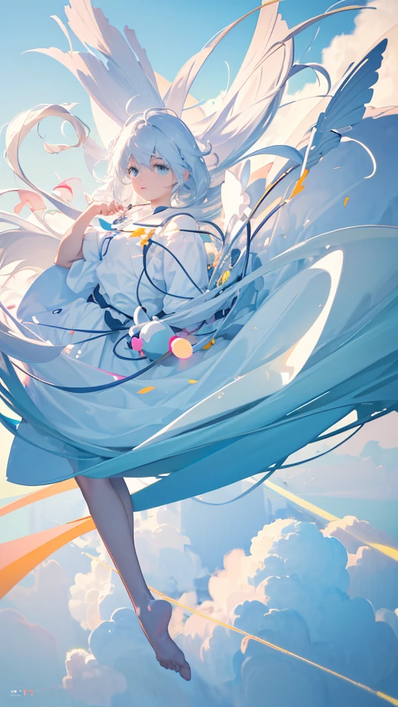 masterpiece, best quality, movie still, 1girl, floating in the sky, cloud girl, cloud, (close-up:1.1), bright, happy, fun, soft lighting, (Bauhaus, shapes, lines, abstract:1.1)